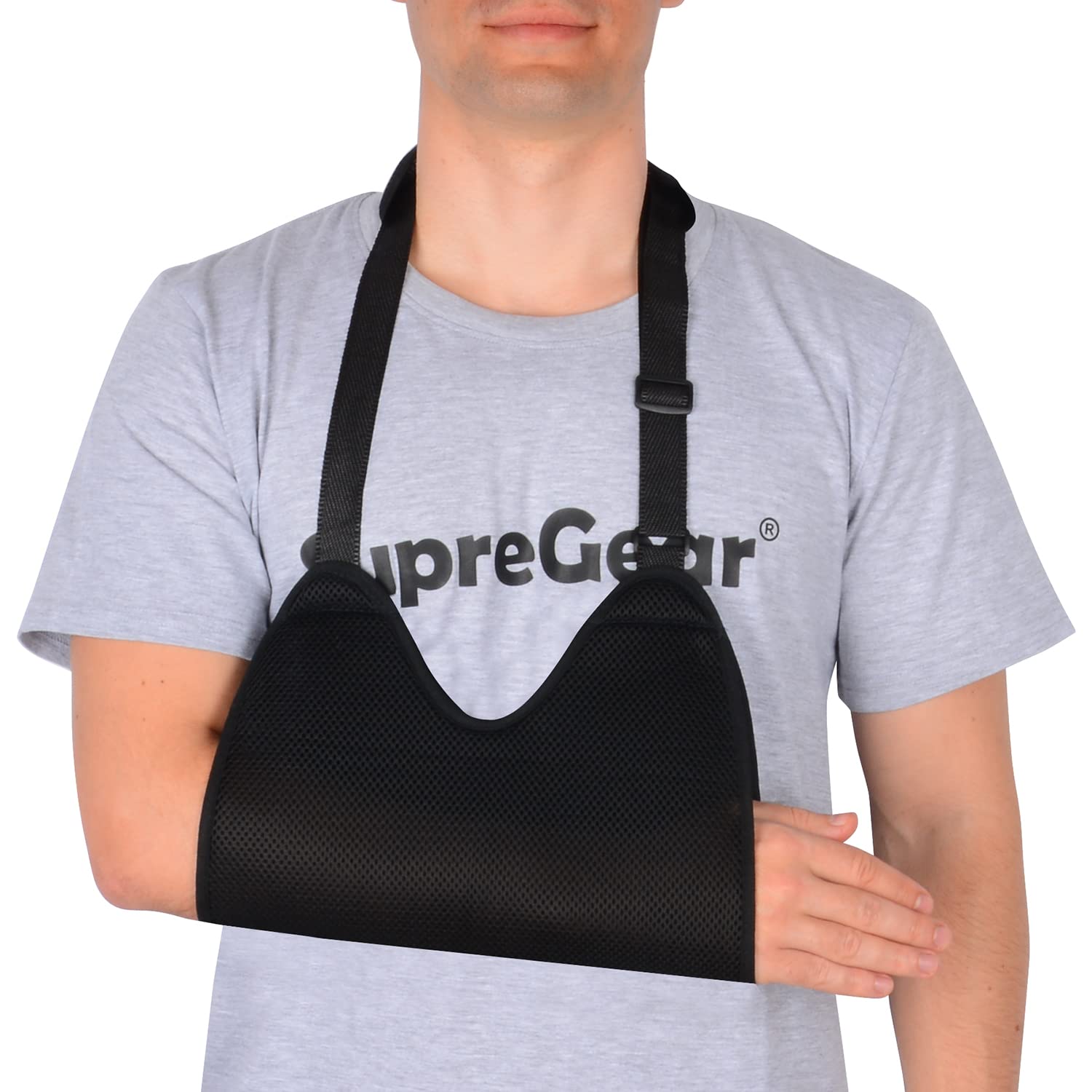 supregear Arm Sling for Women Men, Mesh Arm Strap with Soft Cushions, Lightweight Breathable Support for Rotator Cuff Torn, Wrist and Elbow Surgery for Shower, Fits Left/Right Arm, Black