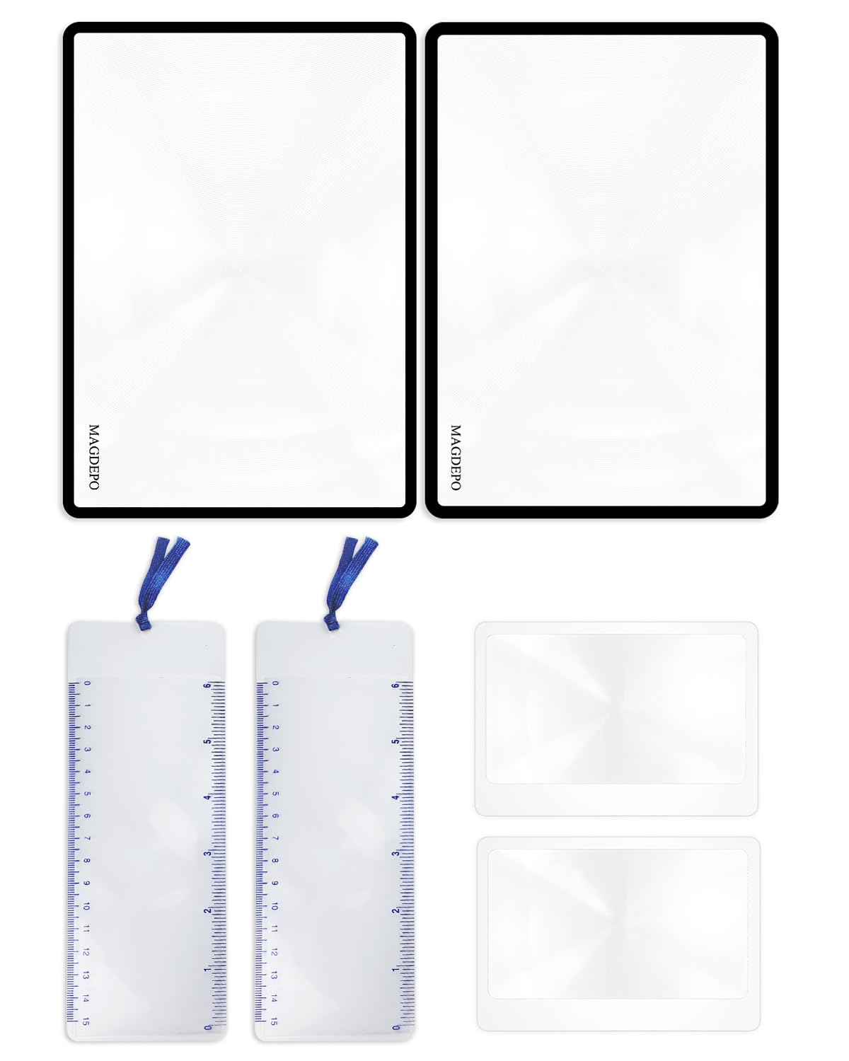 MAGDEPO 3X Page Magnifying Lens 4.75" x 7" Combo-Set 2 Bookmark Magnifier with Ruler & 2 Card Magnifier for Reading Books, Magazine, Newspaper, and People with Low Vision.