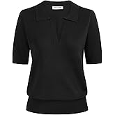 Kate Kasin Women Short Sleeve Polo Sweater V Neck Knitted Tops Casual Ribbed Shirt Loose Pullover Sweater