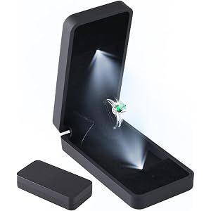 sunking Black Italian Leather Engagement Ring Box, Rotating LED Proposal Ring Display Case with Cool White Light, Mini Pocket