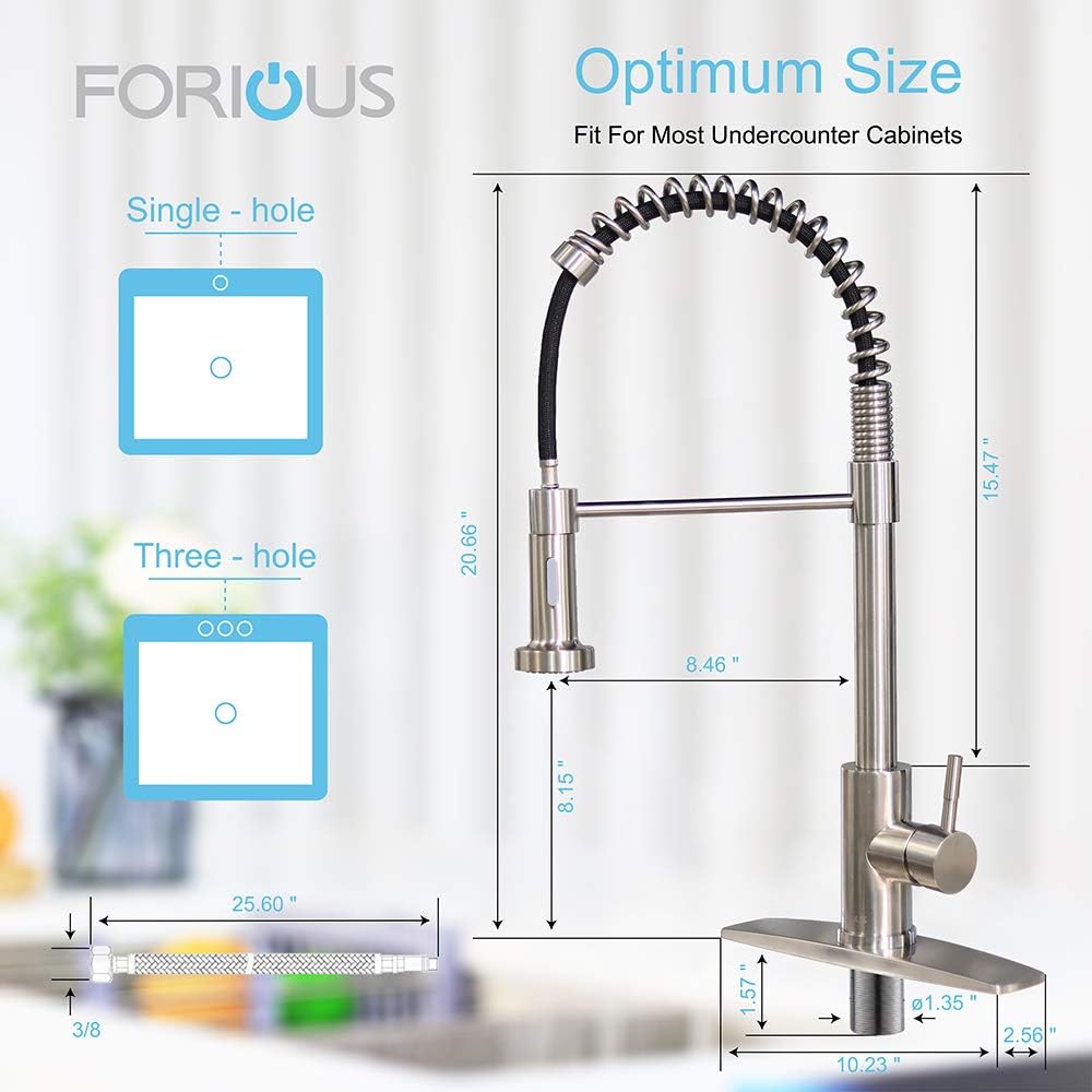 FORIOUS Kitchen Faucet with Pull Down Sprayer, Commercial Spring Kitchen Sink Faucet with Pull Out Sprayer, Single Handle Kitchen faucets with coved Plate, Brush Nickel - - 