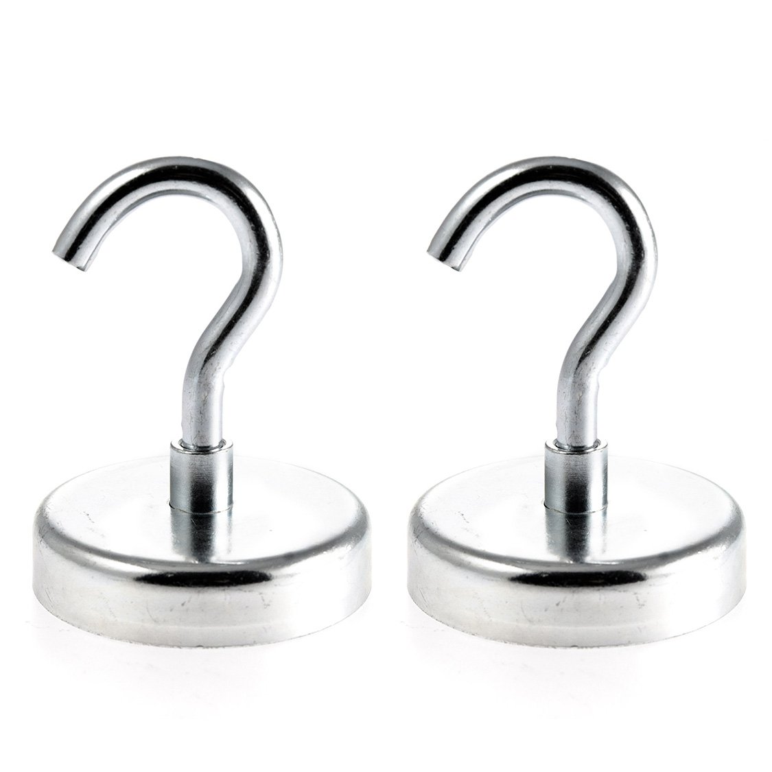 Magnetastico® | 2 Pieces Neodymium N35 Hook Magnets 60 mm Ø | Extreme Holding Force 113.0 kilograms | 2 zinc Coated Ultra Strong Neodymium Magnetic Hooks | Clamping Magnet & Pot Magnet with Hook