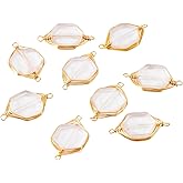 LiQunSweet 10 Pcs Natural Quartz Crystal 2-Holes Links Connectors Wire Wrapped Links with Golden Tone Brass Wires Hexagon Charms for Jewelry Making - 23x12mm