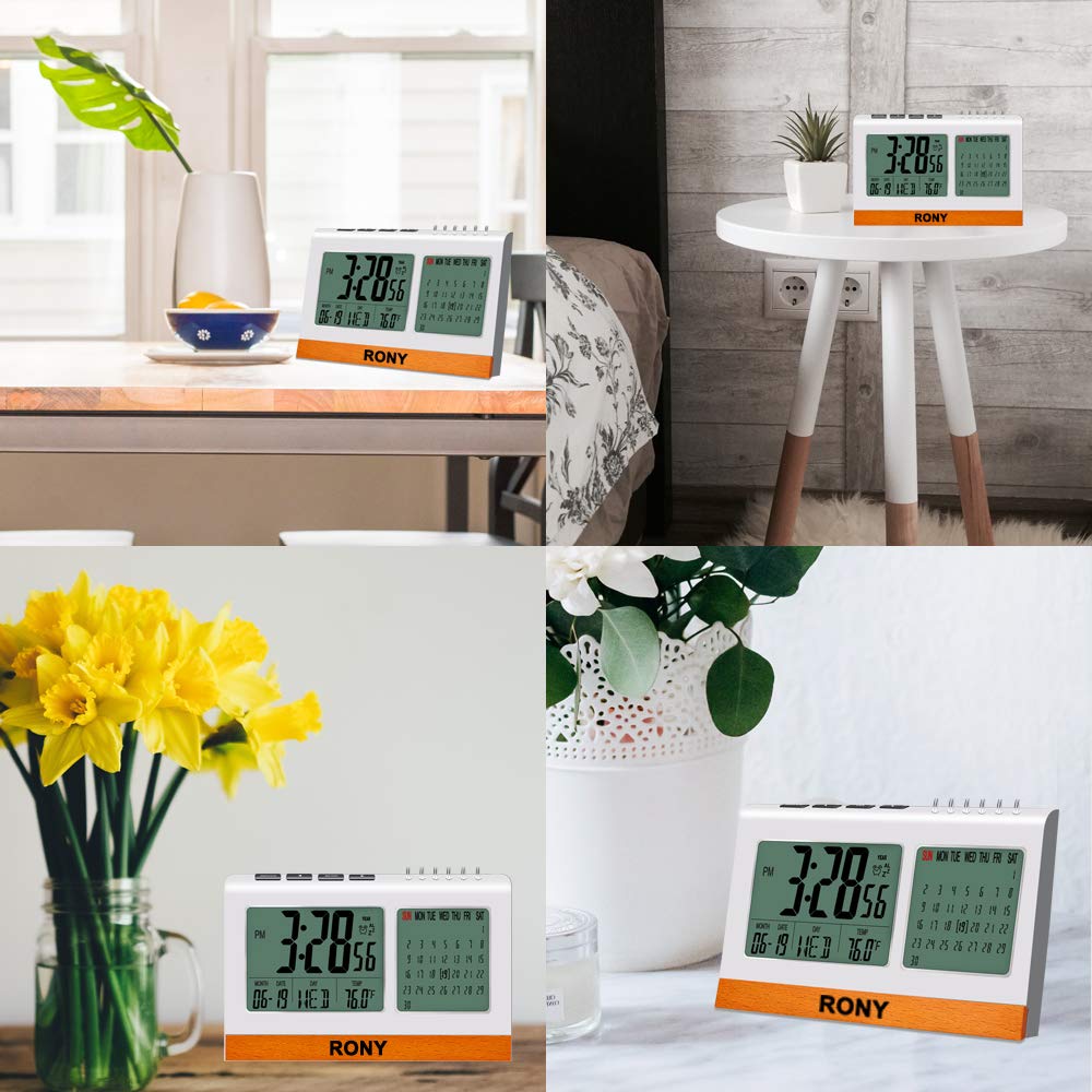 Digital Alarm Clock Battery Operated for Heavy Sleeper, Kids, RONY Desk Clock for office with Snooze, Calendar, Temperature Display(℉/℃)