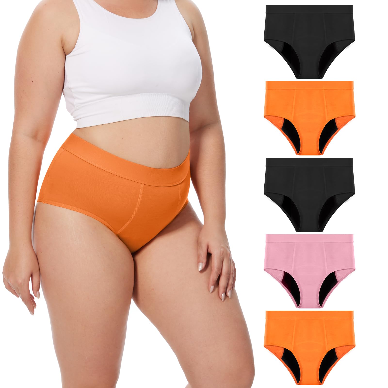 Photo 1 of ToVii Women's Plus Size Period Underwear Heavy Flow Washable Leak Proof Underwear High Waist Period Panties Black+Orange+Pink 2XL 5-Pack-01