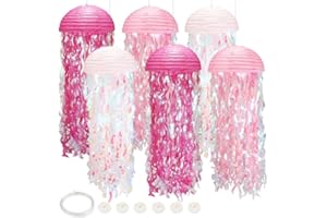 YORR 6pack Pink Jellyfish Lanterns, Under The Sea Party Decorations with Hooks+Rope, Hanging Jellyfish Paper Lanterns for Mermaid Party Ocean Beach, Birthday Baby Shower Baby Room