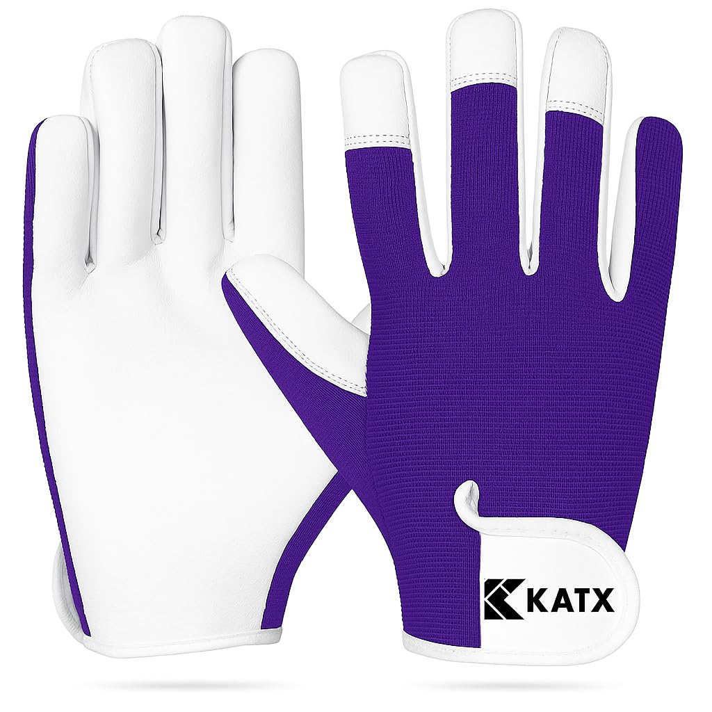 Katx Leather Gardening Gloves, Heavy Duty Thorn Proof Breathable Working Gloves for Men & Women with Strong Grip, Garden Gloves for Rose Pruning, Weeding, Yard Work & Garden Gifts (Medium, Purple)