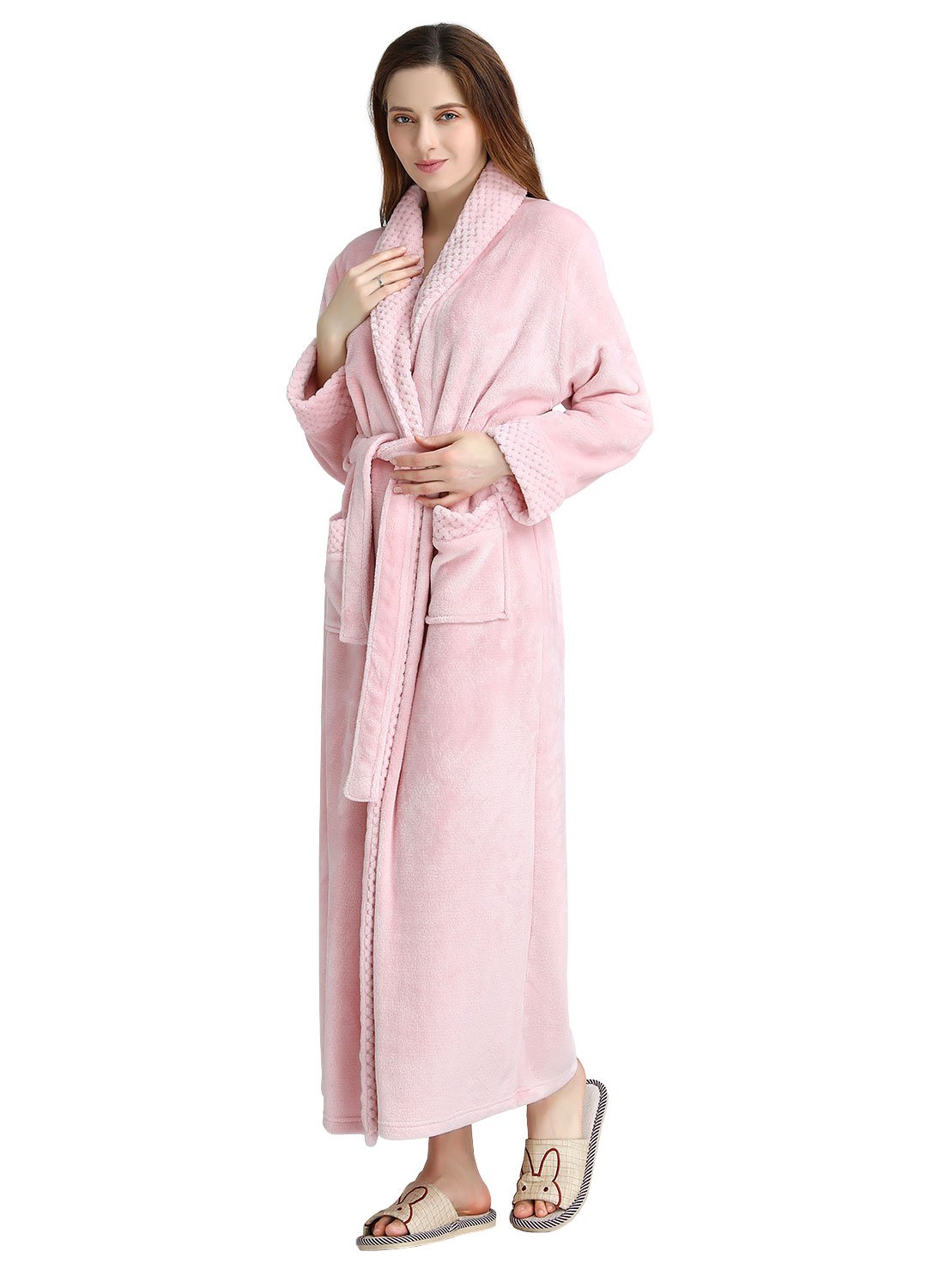Artfasion Womens Long Fleece Robe: Warm Soft Floor Length Flannel Bathrobes for Winter Thicker Long House Coat with Pockets for Wife Mothers Day Gifts (Pink Large/X-Large) Image