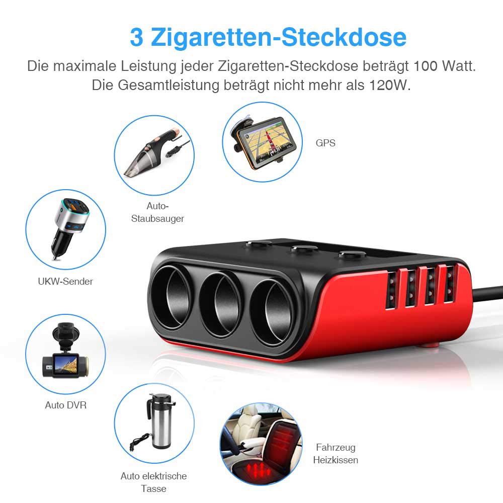 Auto Ladegerät Adapter, SONRU 3 Fach KFZ Zigarettenanzünder Verteiler mit 4 USB Ports, 120W 12V/24V DC Mehrfach Steckdose Splitter mit LED Voltmeter Getrennte Schalter für GPS/Dash Cam/Telefon 6