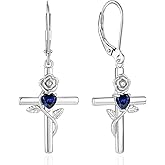 Vesitim Sterling Silver Cross Earrings Rose Flower Dangle Earring Faith Religious Birthstone Jewelry for Women