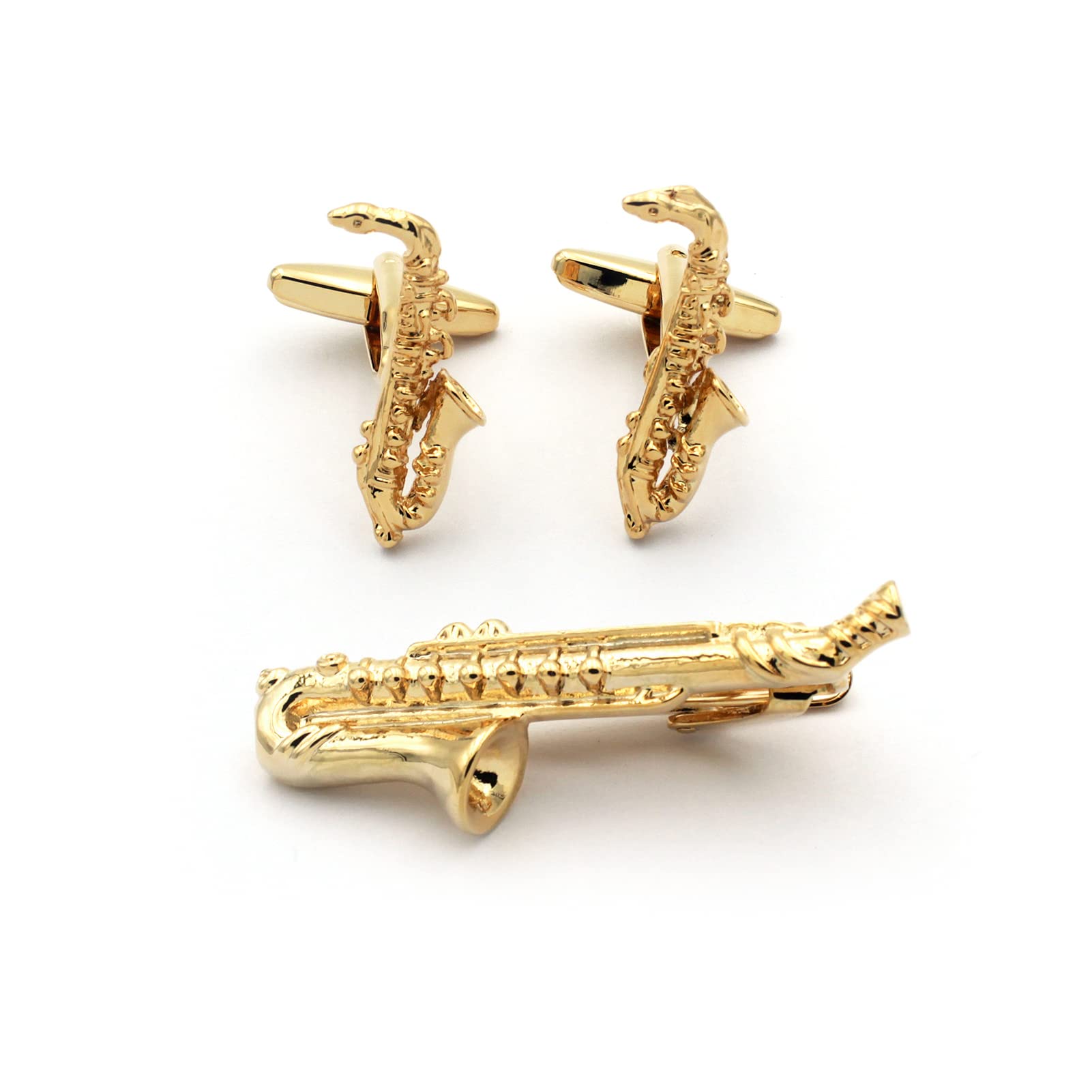 Gold Saxophone Cuff Links Musician Jazz Lover Cufflinks and Tie-Clip Set