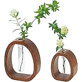 Walnut Wood Glass Flower Vase with Test Tubes | Modern Hydroponic Planter for Fresh Cut Flowers | Handcrafted Tabletop Decor for Home, Office, Farmhouse Style (Large+Small)