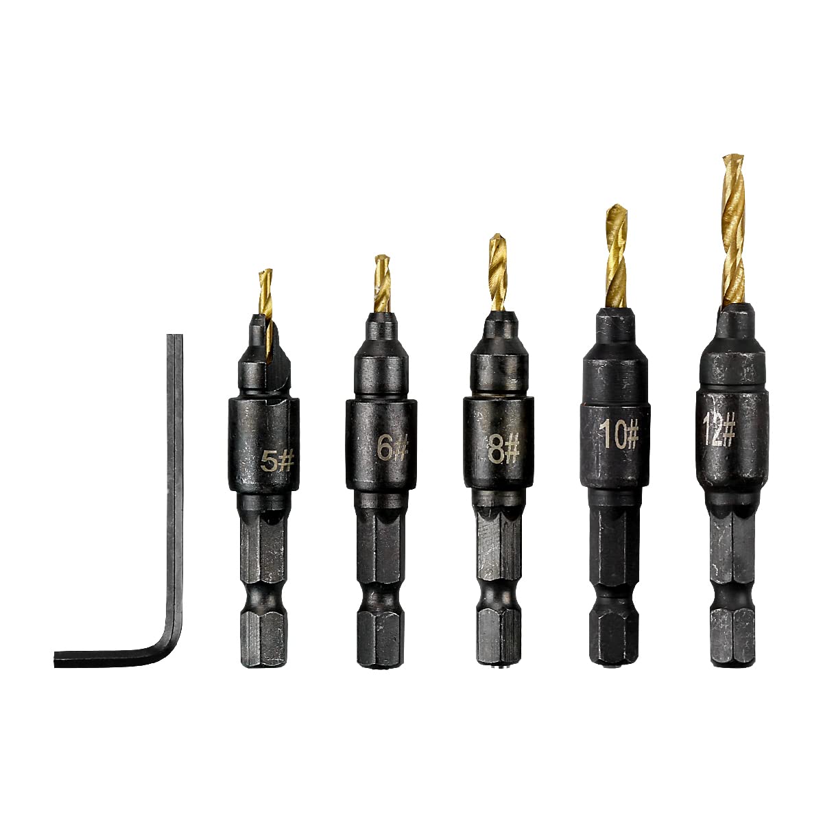 Countersink Drill Bit Set, Jagowa 5Pcs Replacement Drill Bits and One Wrench, 1/4" Quick Change Hex Shank Adjustable Countersink Woodworking Tool