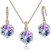 EVEVIC Colorful Cubic Austrian Crystal Pendant Necklace Earrings for Women 14K Gold Plated Hypoallergenic Jewelry Set