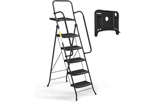HBTower Step Ladder, Folding Step Stool with Wide Anti-Slip Pedal, Sturdy Steel Ladder, Convenient Handrail, Lightweight, Portable Steel Step Stool
