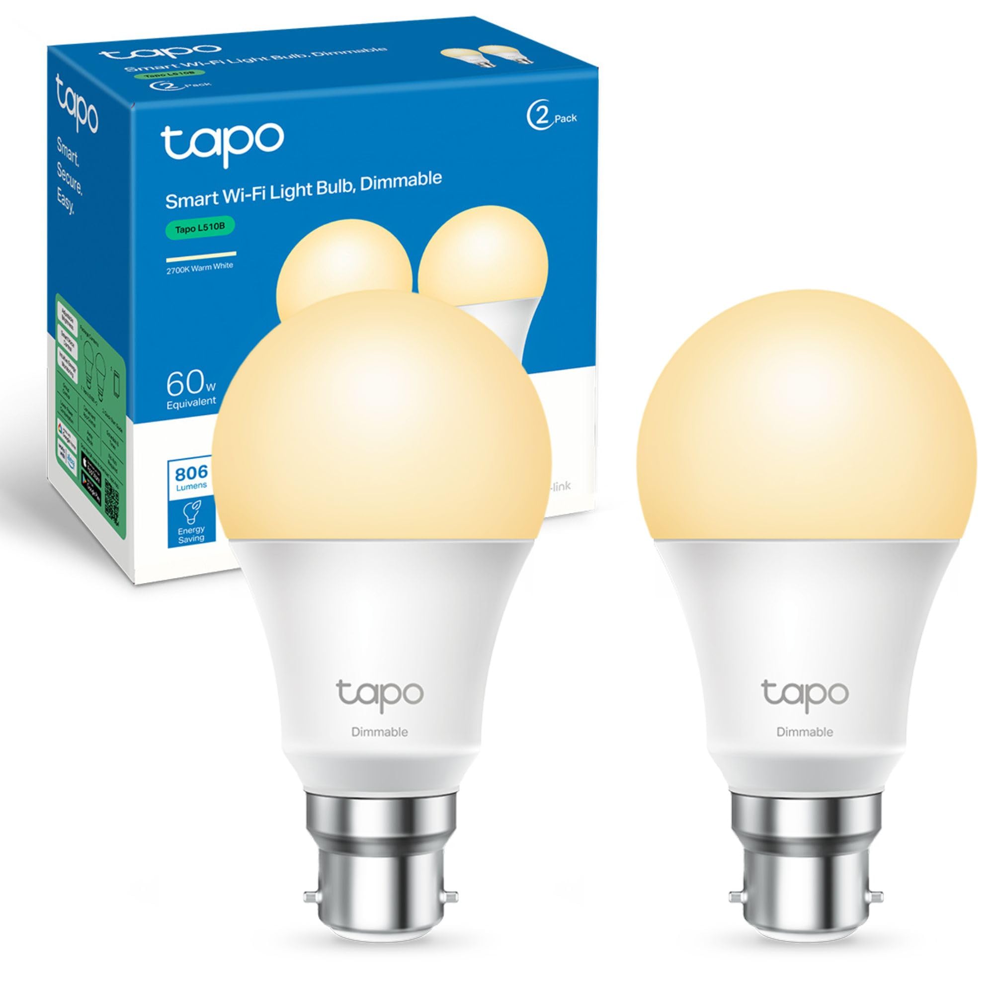 Tapo L510B (2-Pack) Smart Bulb, B22 LED Light Bulb, Alexa Light Bulbs, Dimmable Bulb,Energy Monitoring, 8.3W (60W), Schedule & Timer, Away Mode, Energy Saving, Voice Control with Alexa&Google
