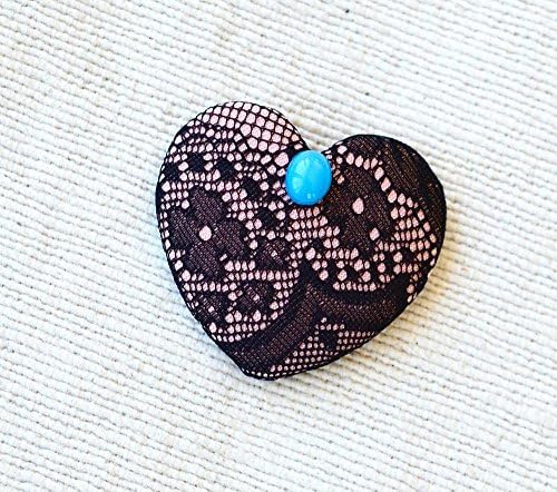Heart Brooch, Scarf Pin, Heart Jewelry, Fabric Brooch, Black lace, Black and Pink, Brooch pin, Pink Heart, Accent Pin, Blue glass