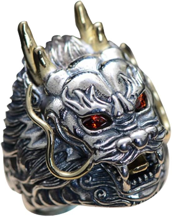 Jade Angel Anillo de Plata de Ley Latón 2 Tonos Dragón Cabeza Grabado