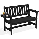 SERWALL HDPE Outdoor Bench with Foldable Cup Holder, 1 Pack, Black | 660 lbs Weight Capacity Patio Seating, Suitable for 2 Person, Weatherproof Material Bench for Outdoor Garden Park Porch