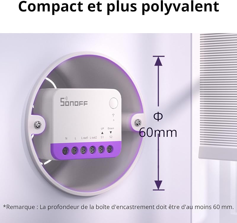 Interrupteur Matter pour Volet roulant MINI-RBS, Wi-Fi 2,4 GHz, Format Mini, Contrôle en Pourcentage, Compatible Alexa/Google Home/HomeKit/Home Assistant, Fil Neutre Requis, 1 Unité