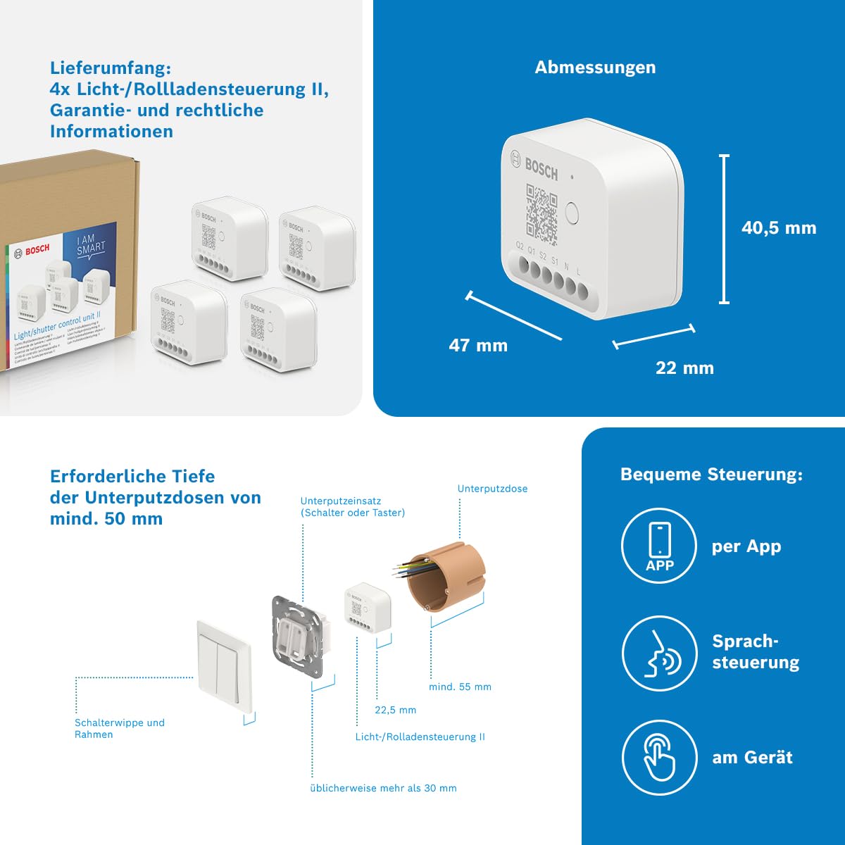 Bosch Smart Home Licht-/Rollladensteuerung II, Licht & Rollläden smart machen, App- & Sprachsteuerung, Automationen & Zeitpläne, Apple Home, Google Home & Alexa, Controller II erforderlich, 4er Set 3