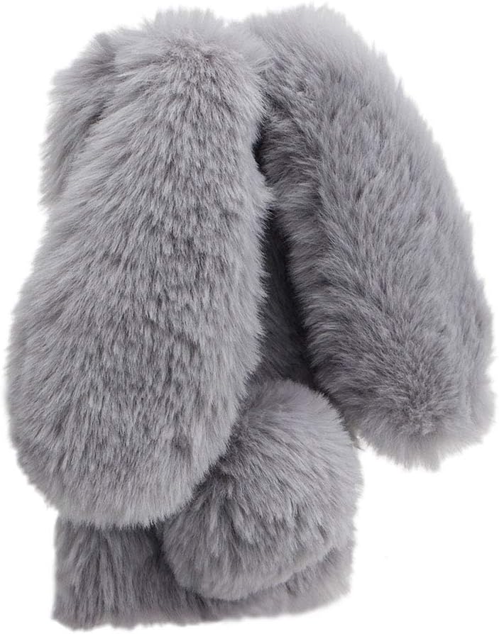 DasKAn Cute Bunny Ears Furry Case for iPhone XR (6.1 Inch), Handmade Winter Warm Soft Plush 3D Rabbit Fluffy Fur Back Cover Glitter Rhinestone Bowknot TPU Protective Case for iPhone XR,Grey