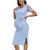 Floral Mesh Bishop Short Sleeve Maternity Midi Dress, Side Split Maternity Bodycon Dress for Baby Shower/Photoshoot
