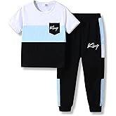Klyatpxoen Size 6-12 Years Boys Fashion Clothes Spring Summer Short Sleeve Top & Pants Color Block Clothing Sets