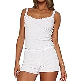 XBTCLXEBCO Women Sexy 2 Piece Pajama Set Sleeveless Lace Trim Crop Cami Top and Shorts Pj Set Y2K Sleepwear Lounge Outfits