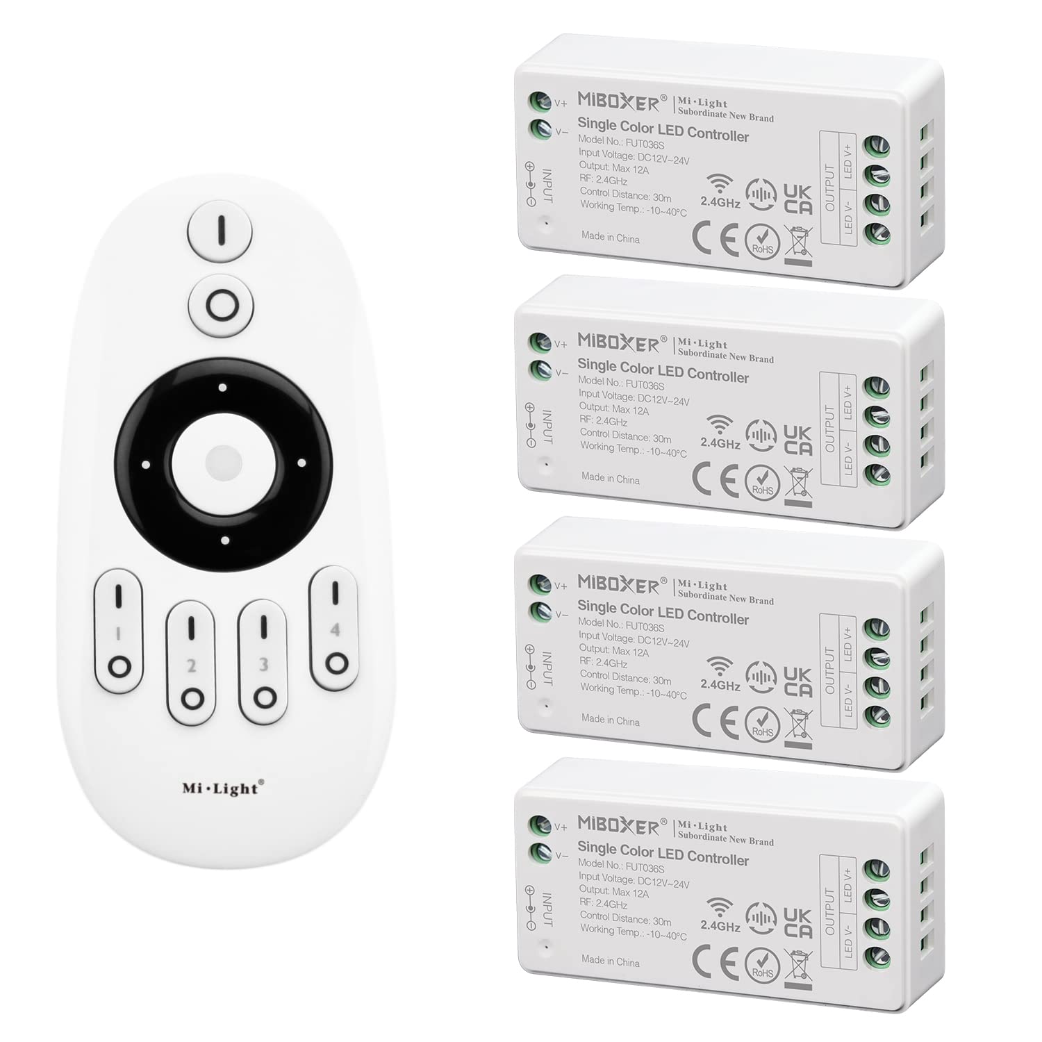 LIGHTEU®, Milight Miboxer Remote Control Kit: pack of 4x single color dimmer Controllers with 1 x RF Wireless 4-Zone remote 4x fut036S + fut007
