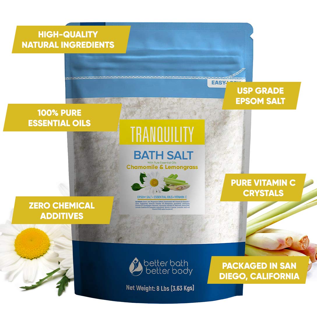 Tranquility Bath Salt 128 Ounces Epsom Salt with Natural Geranium, Chamomile, Lavender and Lemongrass Essential Oils Plus Vitamin C in BPA Free Pouch with Easy Press-Lock Seal: Health & Personal Care