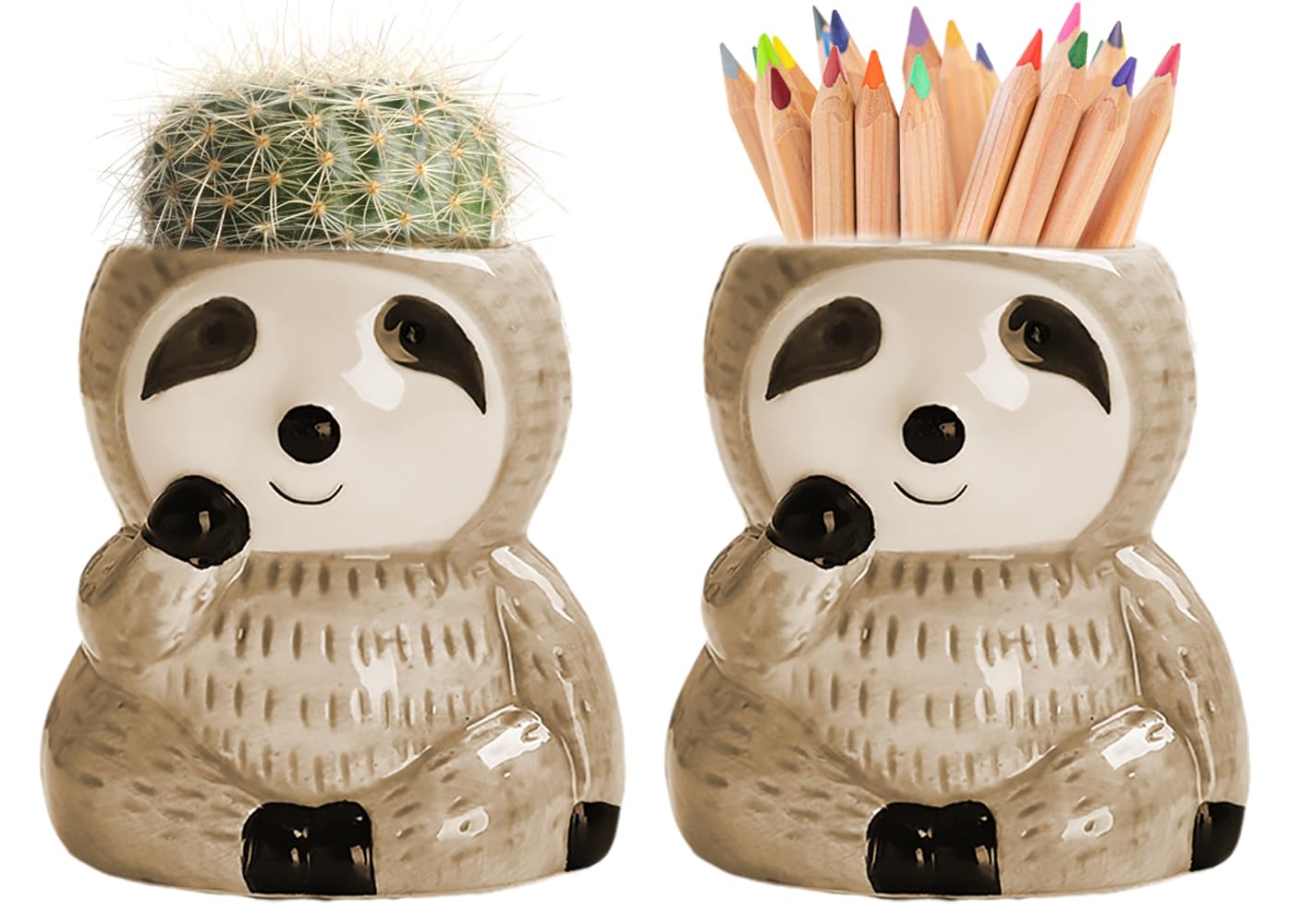 LOZACHE Small Plant Pots Pack of 2, Cute Sloth Gift Ceramic Succulent Plant Pot Pen Holder House Indoor Planter for Tiny Cactus Flowers Room Office Desk Garden Decor (Brown)
