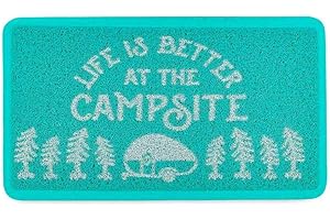 Camco Life is Better at The Campsite Scrub Rug | Ideal for Homes, Outdoors, Under Pet Bowls and More | Easy to Clean | Teal/White, Small (53199)