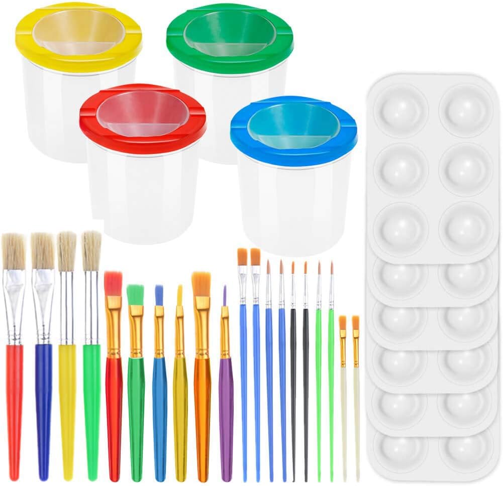 30 Pack Painting Tools Paint Brushes for Kids, Paxcoo Kids Paint Brushes with Paint Cups Paint Palette Tray for Kids Gifts Birthday Art Party School Prizes: Kitchen & Dining