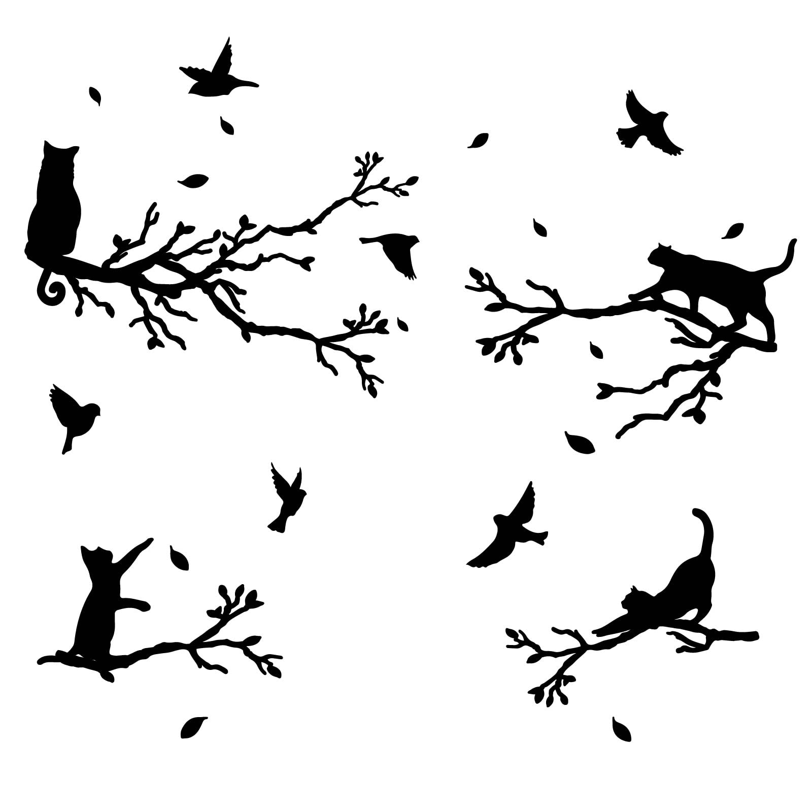 PLIGREAT Birds Tree Branches Wall Stickers, Removable Vinyl Wall Decals Black Cat on Twigs Wall Sticker for Living Room Wall Decoration Home Indoor Wall Art Decor Window Decor