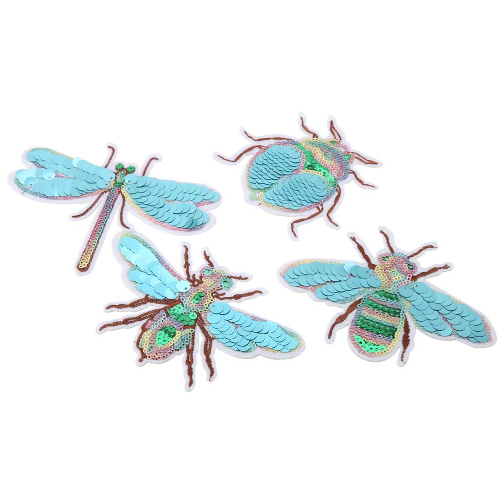 Decorative Insect Embroidered Sequin Patches, Sew-On Appliques for Jackets, Backpacks, Jeans, Clothing, Costume, 4 Pieces