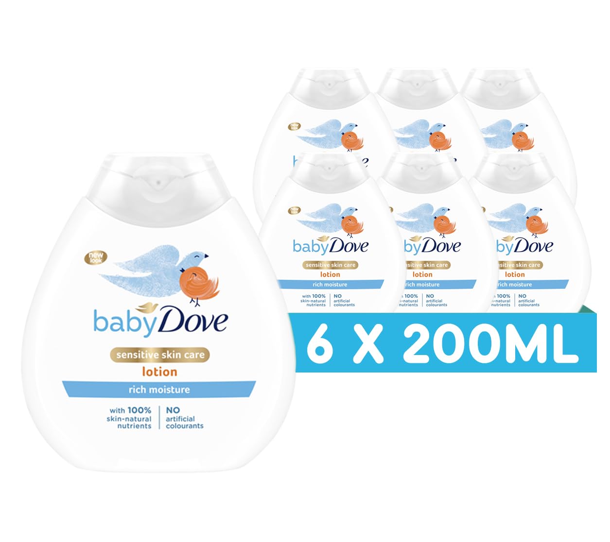 Baby Dove Rich Moisture Baby Lotion - Soothing & Nourishing for Newborns & Infants, Gentle Moisturiser for Dry, Sensitive Skin, Daily Skincare with Delicate Scent, All-Day Hydration - 200ml, Pack of 6