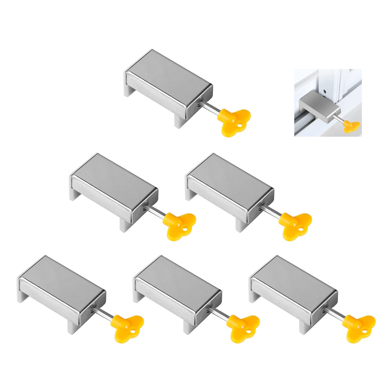 SUPAWAY Sliding Window Closing Adjustable Window Lock Stainless Steel Sliding Window Locks Children's Safety Lock with Key Sliding Window Stopper Silver Door Frame Safety Lock Pack of 6
