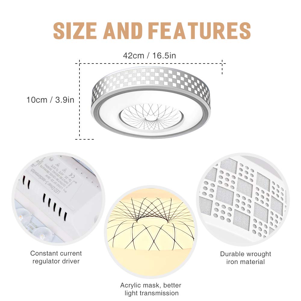 Neporal 30W Ceiling Fixture Dimmable 3 Color Temperature Adjustable 16 Inch Flush-Mount-Ceiling-Light-LED Modern for Bedroom Study Living Room Kitchen