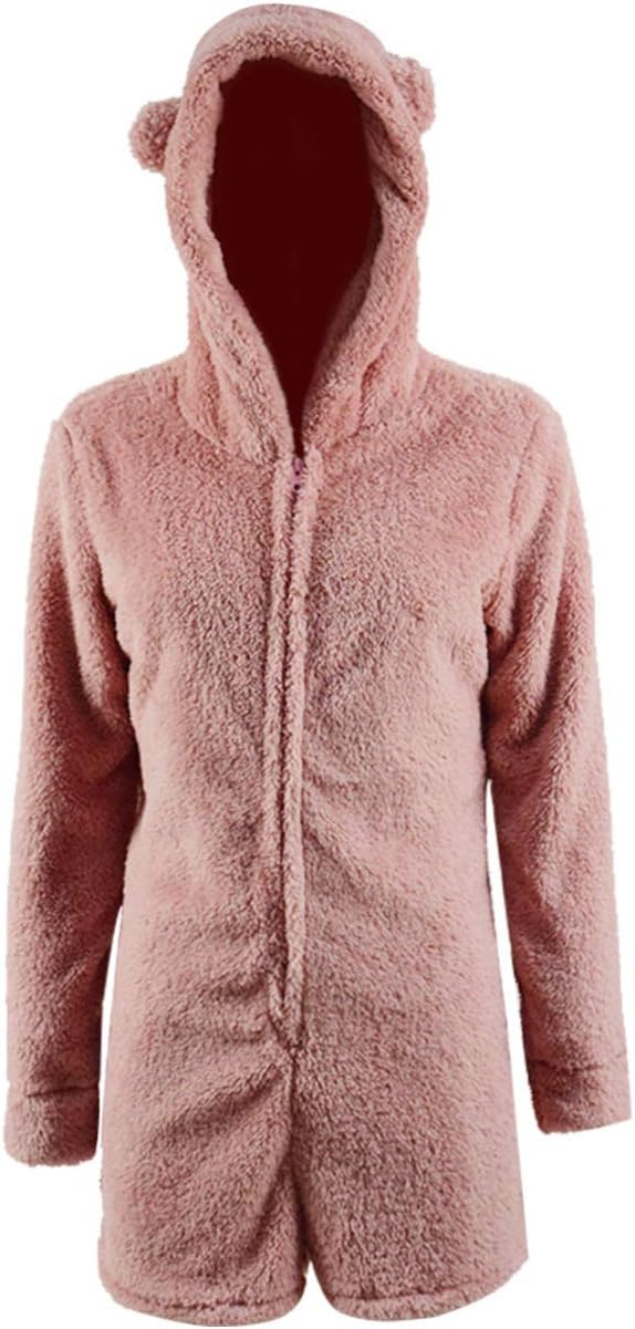 Ladies Cute Long Sleeve Sleepwear Fleece Hooded Cozy Sherpa Romper Fluffy Pajamas Short