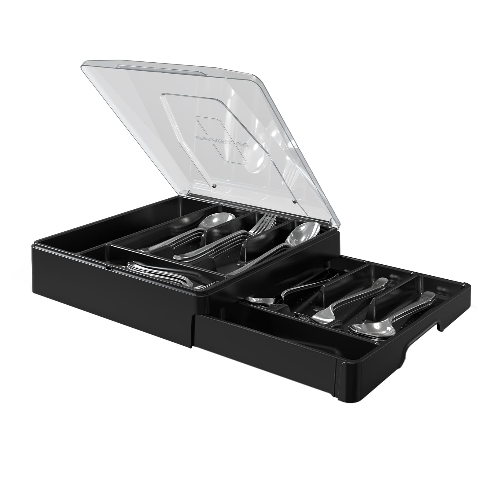 WURDON Double Layer Flatware Organizer with Lid, Cutlery Tray for Countertop Silverware Tray for Kitchen Drawers with 2 Tier Utensil Holder and 9 Compartments Silverware Storage Bin (Black)