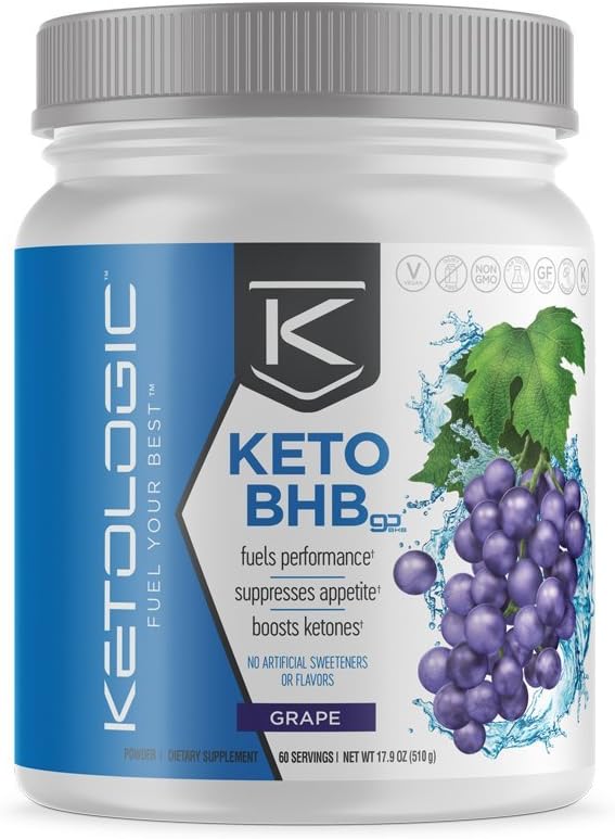 KetoLogic BHB, Grape | Ketone Supplement, Suppresses Appetite, Increases Energy, Low Carb, Electrolytes, Beta-Hydroxybutyrate Salts | 60 Servings