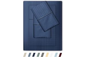 FEATHER & STITCH NEW YORK Feather & Stitch 500 TC Queen Size Damask Bed Sheet Set, 100% Soft Cotton Breathable Bedsheets, 18" Deep Pockets Sateen Weave Striped Bedding Mattress Resort Hotel Luxury Décor - (Dark Blue, Queen)