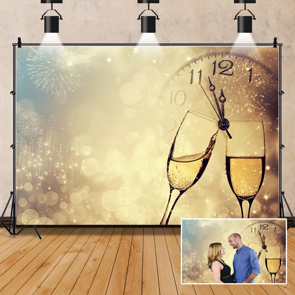Aoihrraan 3x2m Happy New Year 2026 Photography Backdrop Countdown Clock Champagne Fireworks Gold Bokeh Halos Background New Year Christmas Family Celebrate Party Decor Portrait Photo Studio Props
