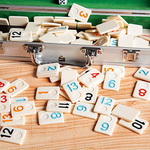 Homwom 106 Tiles Rummy Game - Travel Games Rummy Board Game Rummy Set with Aluminum Case & 4 Anti-Skid Durable Trays