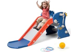 BFAZKXY Indoor Slide for Toddlers 1-3, Foldable Kids Baby Toddler Slide Indoor Playset, Kids Slide Indoor and Outdoor Playground, Toddler Climber Playset with Basketball Hoop and Ring Toss(Blue)