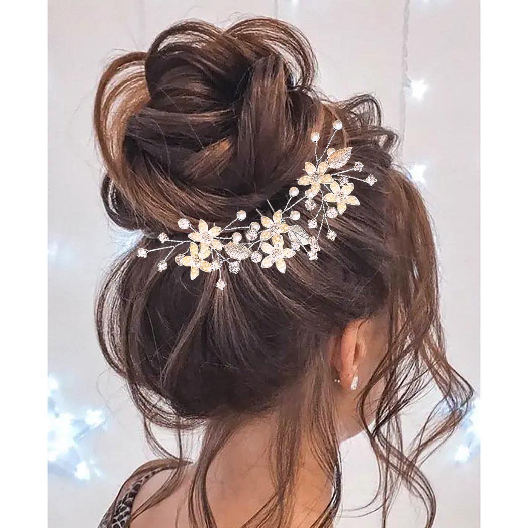 IYOU Bridal Wedding Hair Pins Flowet Pearl Siver Headpiece Leaf crystal Communion Hair Accessories for Women and Flower Girl(Pack of 3)
