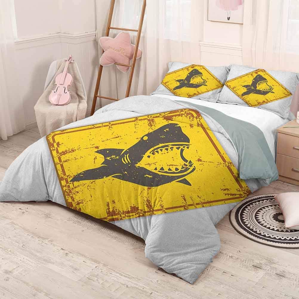 HELLOLEON (Full) Shark 3-Pack (1 Duvet Cover and 2 Pillowcases) Bedding Caution Shark Sign Sharp Teeth Animal Ocean Danger Do Not Swim Illustration Polyester Earth Yellow Grey