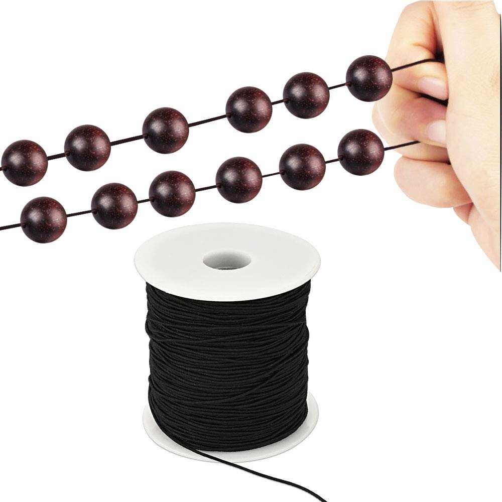 PERFETSELL Elastic Cord for Jewellery Making, 1mm Elastic String Band Round Beading Cord Thread for Sewing, Stretch Fabric Crafting String Rope Black Craft Strap for Bracelet Beading, 100 Meters