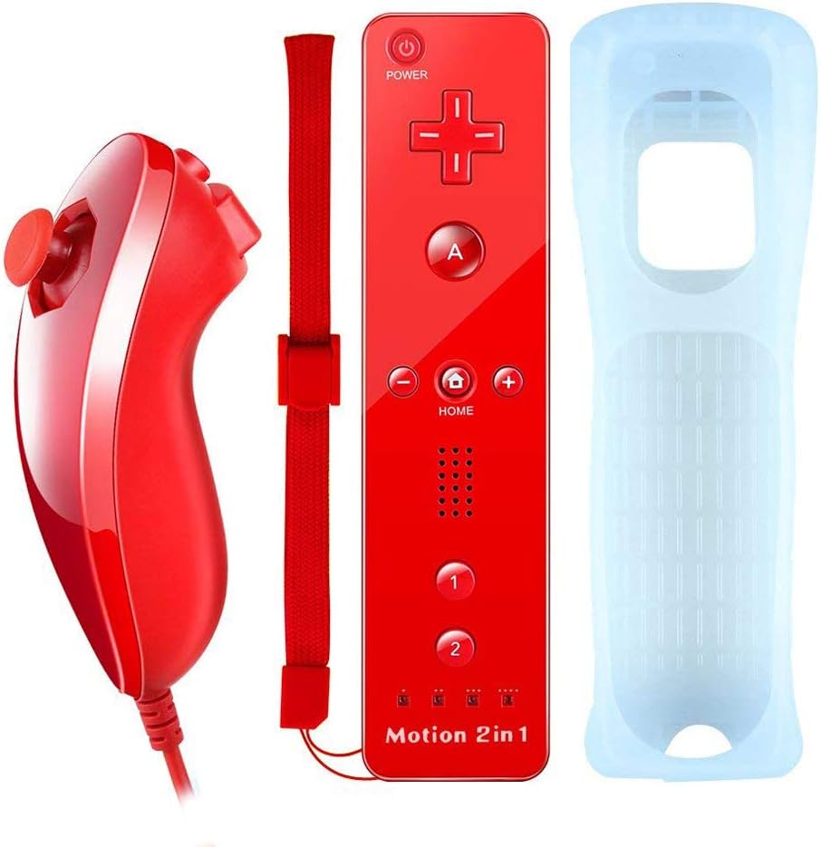 YingStar 2 in 1 Remote Controller Built in Motion Plus and Nunchuck Controller With Silicone Case and Wrist Strap for Wii and Wii U - Red (Third-party product)